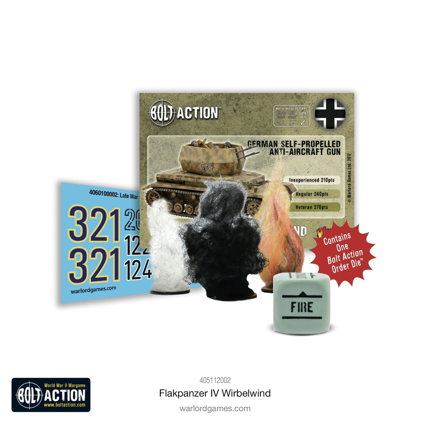 Flakpanzer IV Wirbelwind Bolt Action 28mm – zawartość zestawu karta statystyk kostka, 405112002
