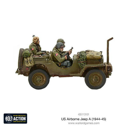 US Airborne Jeep Willys MB - widok z prawej strony z załogą powietrznodesantową, plecaki, radio, antena, weathering
