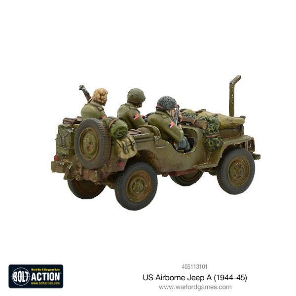 US Airborne Jeep pojazd desantowy - widok z tyłu z wyposażeniem Airborne, koło zapasowe, antena radiowa, żywica i metal 28mm
