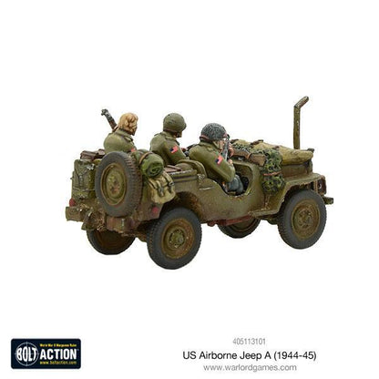 US Airborne Jeep pojazd desantowy - widok z tyłu z wyposażeniem Airborne, koło zapasowe, antena radiowa, żywica i metal 28mm

