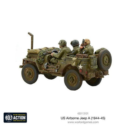 US Airborne Jeep 1944-45 - widok z tyłu z trzema żołnierzami desantowymi, gwiazda USA, antena radiowa, detale wyposażenia
