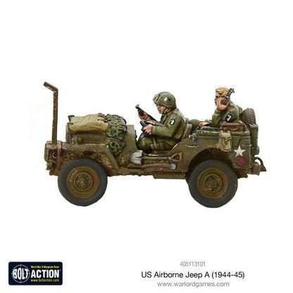 US Airborne Jeep Willys MB 1/56 - widok z lewej strony z załogą Airborne, gwiazda USA, plecaki desantowe, Bolt Action Warlord Games

