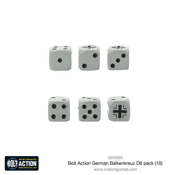 Bolt Action German Balkenkreuz D6 Pack - 6 szarych kostek D6 z czarnymi kropkami ułożonych w dwa rzędy: górny rząd pokazuje ściany 1, 2, 3, dolny rząd pokazuje ściany 4, 5 i czarny krzyż Balkenkreuz Wehrmacht zamiast 6 - czarna etykieta Bolt Action na dole - kod produktu 408402001 - www.warlordgames.com - Warlord Games