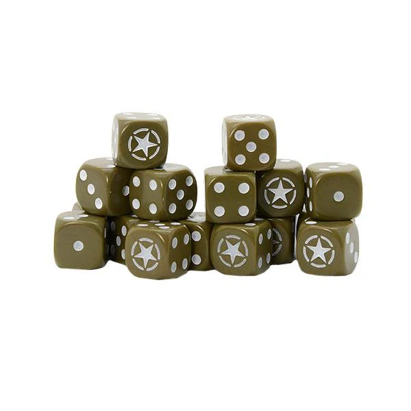 Bolt Action Allied Star D6 Pack - 16 kostek D6 olive drab z białymi kropkami i gwiazdą aliantów w kole zamiast 6 - kostki ułożone w piramidę - widoczne wszystkie ściany z kropkami 1-5 i gwiazda Allied Star - oficjalne kostki Bolt Action dla armii aliantów - Warlord Games