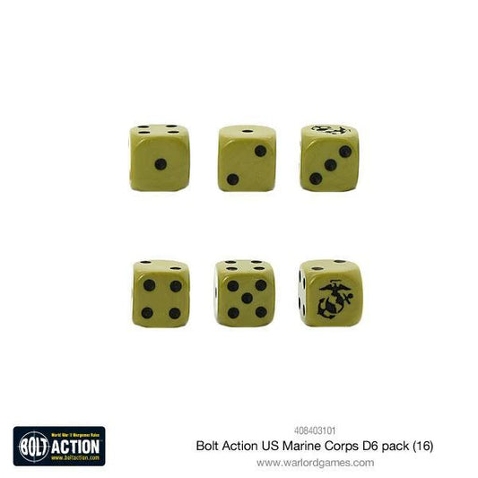 Bolt Action US Marine Corps D6 Pack - 6 zielonych kostek D6 olive drab z czarnymi kropkami ułożonych w dwa rzędy: górny rząd pokazuje ściany 1, 2, 3, dolny rząd pokazuje ściany 4, 5 i czarny emblemat Eagle Globe and Anchor USMC zamiast 6 - czarna etykieta Bolt Action na dole - kod produktu 408403101 - www.warlordgames.com - Warlord Games
