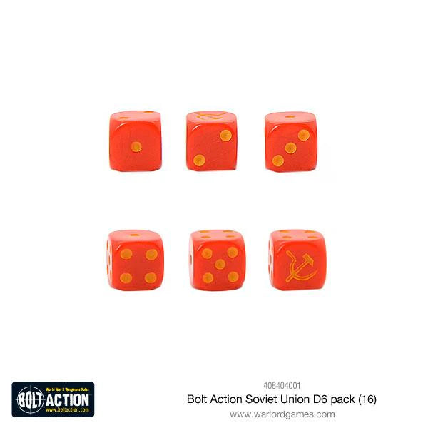 Bolt Action Soviet Union D6 Pack - 6 czerwonych przezroczystych kostek D6 z żółtymi kropkami ułożonych w dwa rzędy: górny rząd pokazuje ściany 1, 2, 3, dolny rząd pokazuje ściany 4, 5 i sierp i młot Związku Radzieckiego zamiast 6 - czarna etykieta Bolt Action na dole - kod produktu 408404001 - www.warlordgames.com - Warlord Games