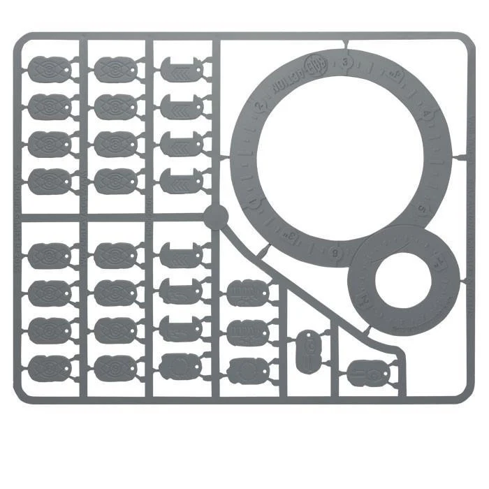 Bolt Action Templates & Tokens - wypraski kartonowe: duży szablon HE and Scatter Template z koncentrycznymi kołami, mniejszy szablon rozrzutu, liczne tokeny statusu w rzędach (Artillery Barrage, Immobilised, Turret Jammed, Hidden, Indirect Fire, You Men Snap to Action) - wszystkie elementy do wycięcia - Warlord Games