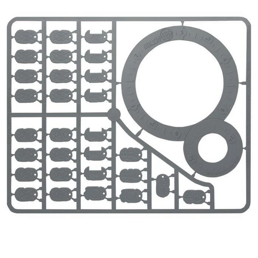 Bolt Action Templates & Tokens - wypraski kartonowe: duży szablon HE and Scatter Template z koncentrycznymi kołami, mniejszy szablon rozrzutu, liczne tokeny statusu w rzędach (Artillery Barrage, Immobilised, Turret Jammed, Hidden, Indirect Fire, You Men Snap to Action) - wszystkie elementy do wycięcia - Warlord Games