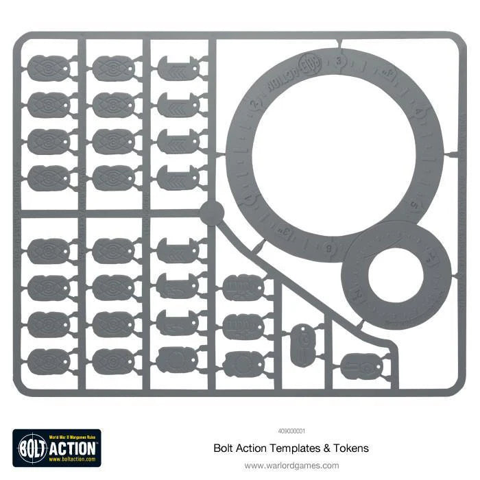 Bolt Action Templates & Tokens - wypraski kartonowe widok alternatywny: duży szablon HE and Scatter Template, mniejszy szablon rozrzutu, tokeny statusu w rzędach - szary karton do samodzielnego montażu - oficjalne akcesoria Bolt Action - Warlord Games
