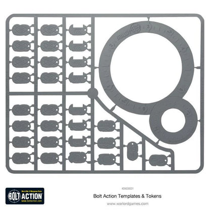 Bolt Action Templates & Tokens - wypraski kartonowe widok alternatywny: duży szablon HE and Scatter Template, mniejszy szablon rozrzutu, tokeny statusu w rzędach - szary karton do samodzielnego montażu - oficjalne akcesoria Bolt Action - Warlord Games