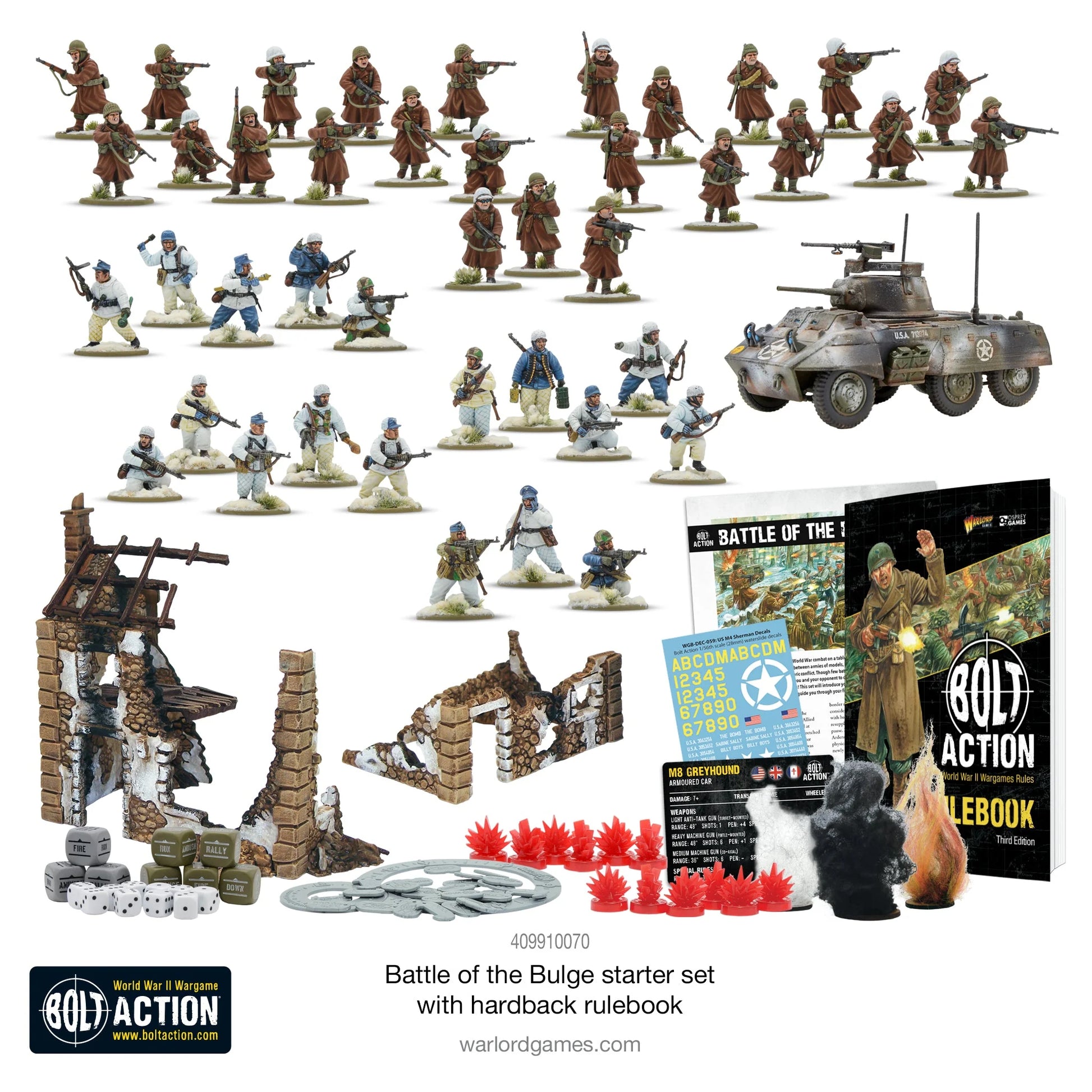 Bolt Action Battle of the Bulge - zestaw startowy z podręcznikiem w twardej oprawie - widok zawartości - Warlord Games
