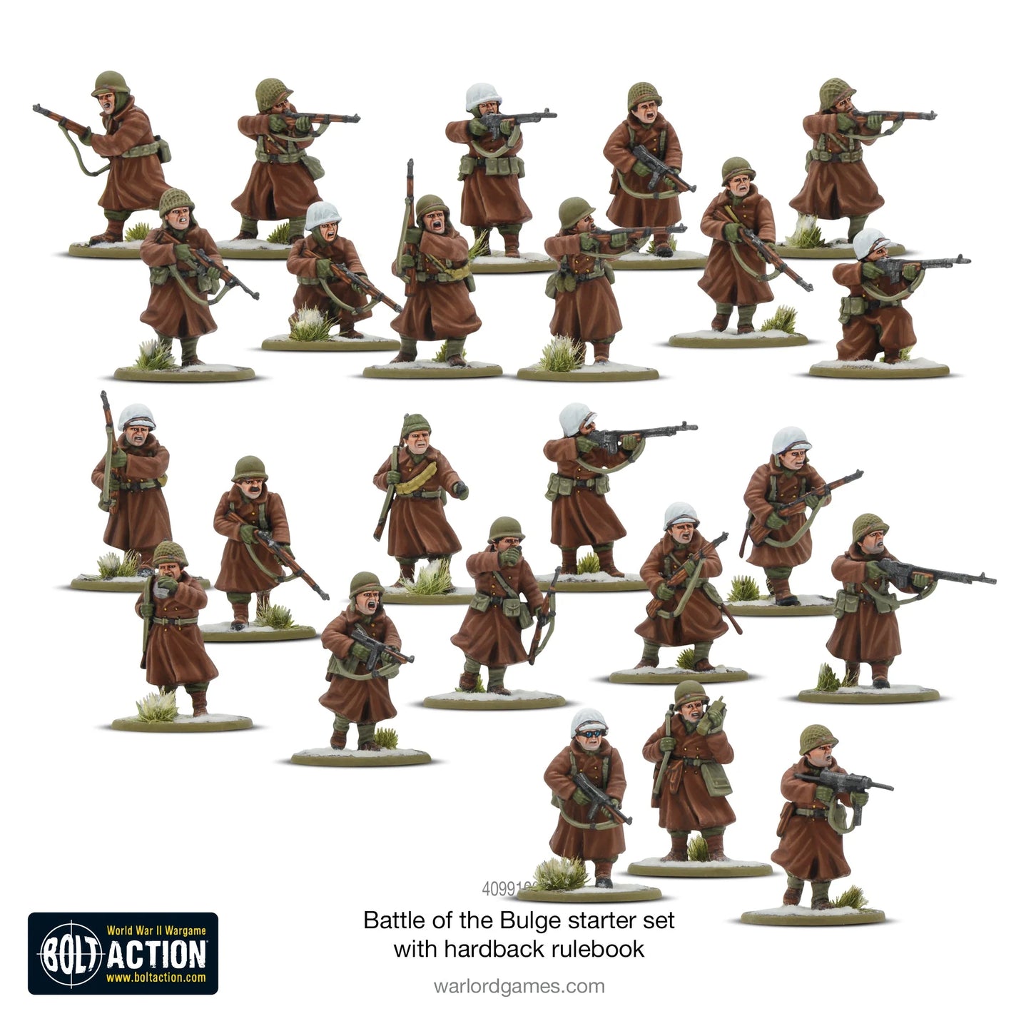 Warlord Games Battle of the Bulge – 28 pomalowanych figurek żołnierzy US Army w umundurowaniu zimowym, Ardeny grudzień 1944, Bolt Action
