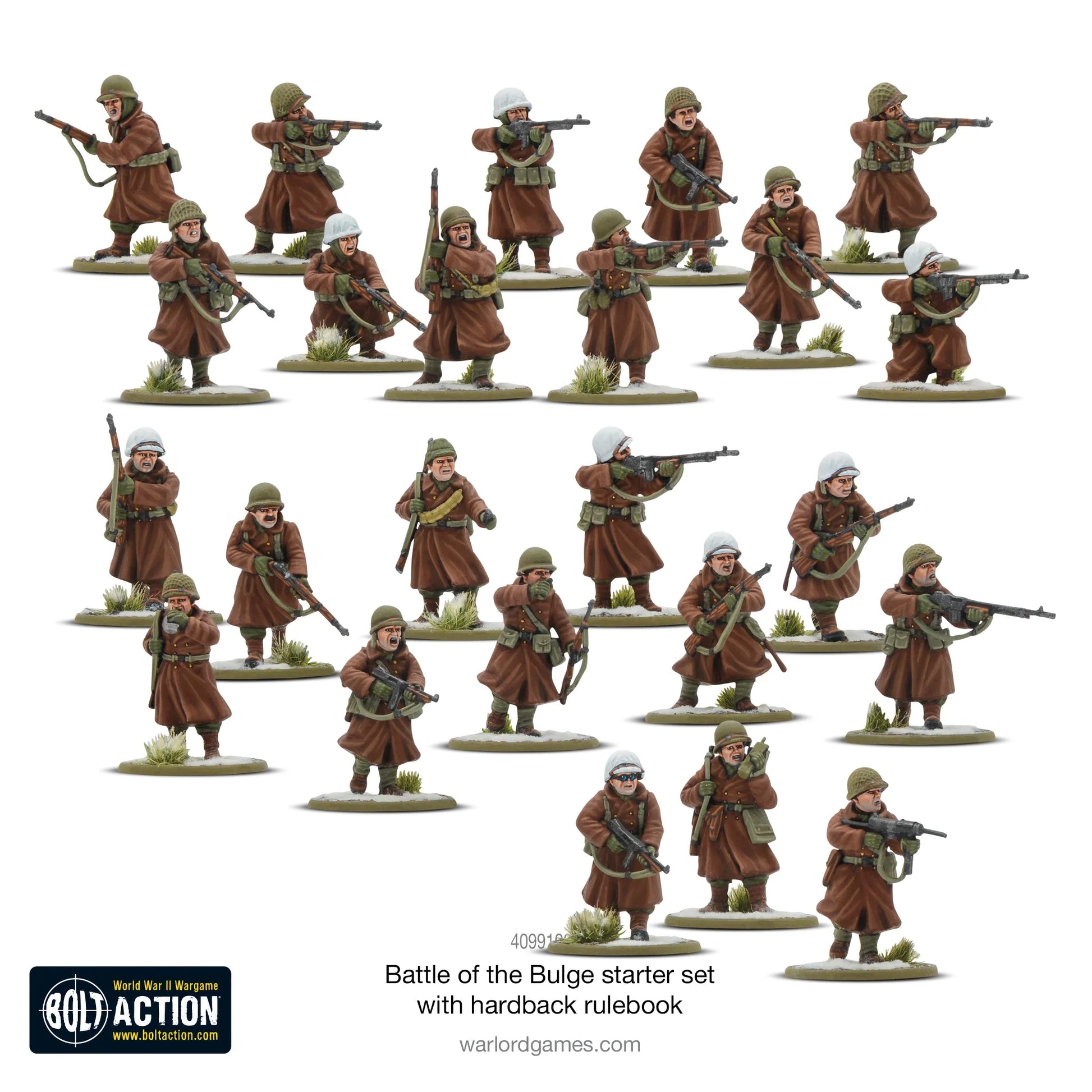 Warlord Games Battle of the Bulge – 28 pomalowanych figurek żołnierzy US Army w umundurowaniu zimowym, Ardeny grudzień 1944, Bolt Action
