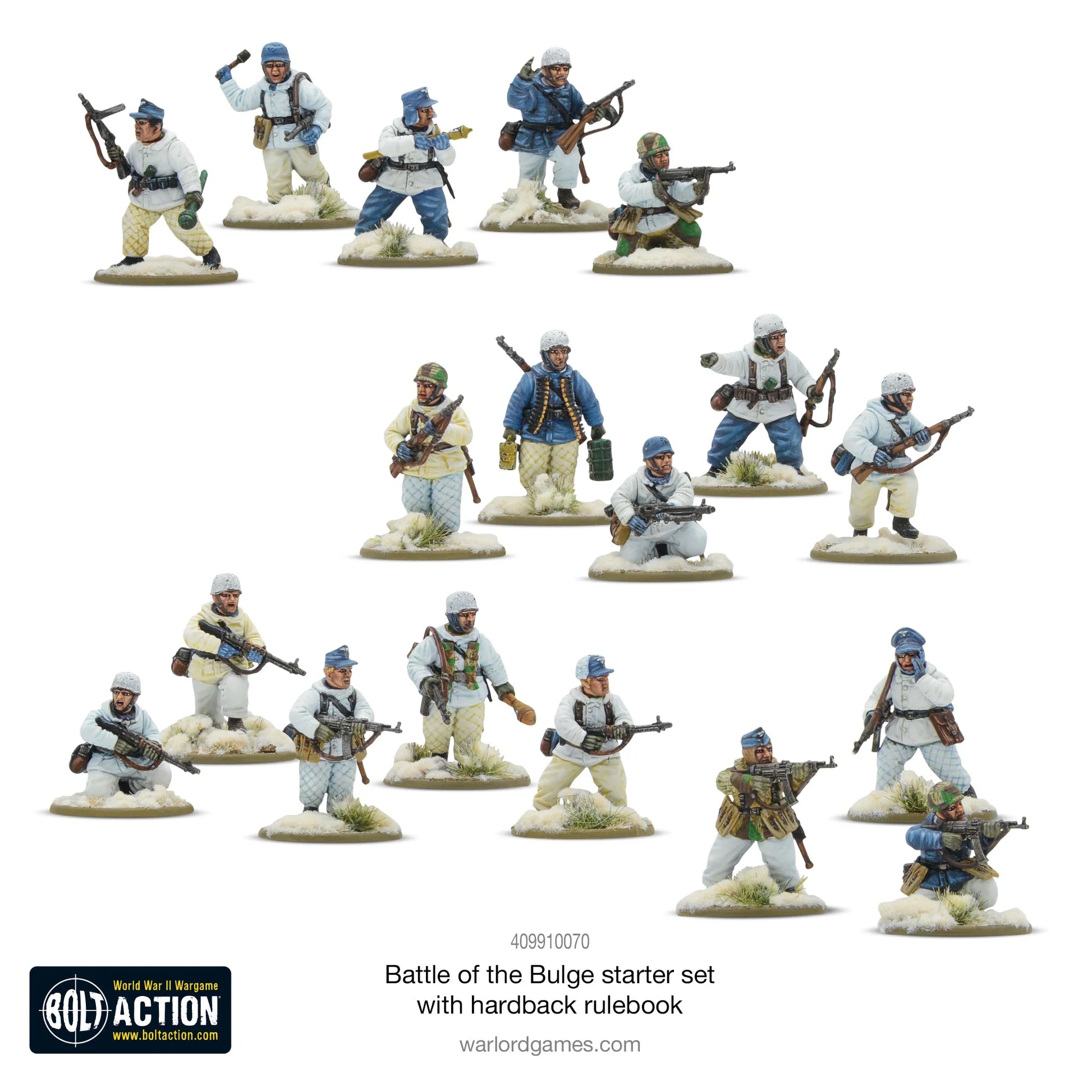 Warlord Games Battle of the Bulge – 16 pomalowanych figurek żołnierzy Wehrmachtu w umundurowaniu zimowym, Ardeny grudzień 1944, Bolt Action
