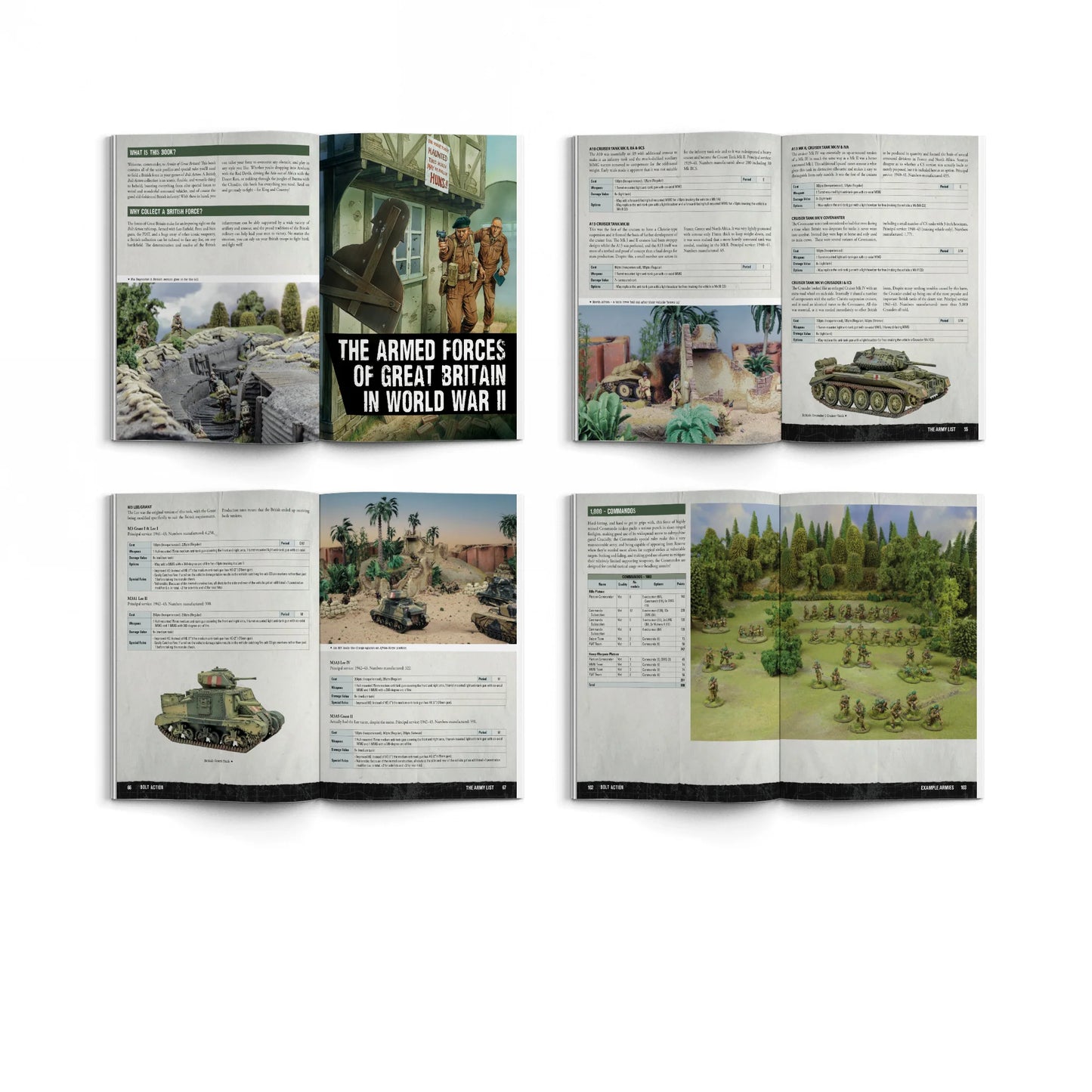 Bolt Action Armies of Great Britain Third Edition 401011001 – cztery rozkładówki książki: górny rząd – strona The Armed Forces of Great Britain in World War II z fotografią stołu bitewnego i żołnierzami przy budynku oraz strona The Army List z profilami jednostek i czołgiem Cromwell; dolny rząd – strona z listami armii i czołgiem M3 Grant w scenerii pustynnej oraz strona Example Armies z listą 1,500 Commandos i stołem bitewnym z figurkami na zielonej macie, Warlord Games Osprey Games
