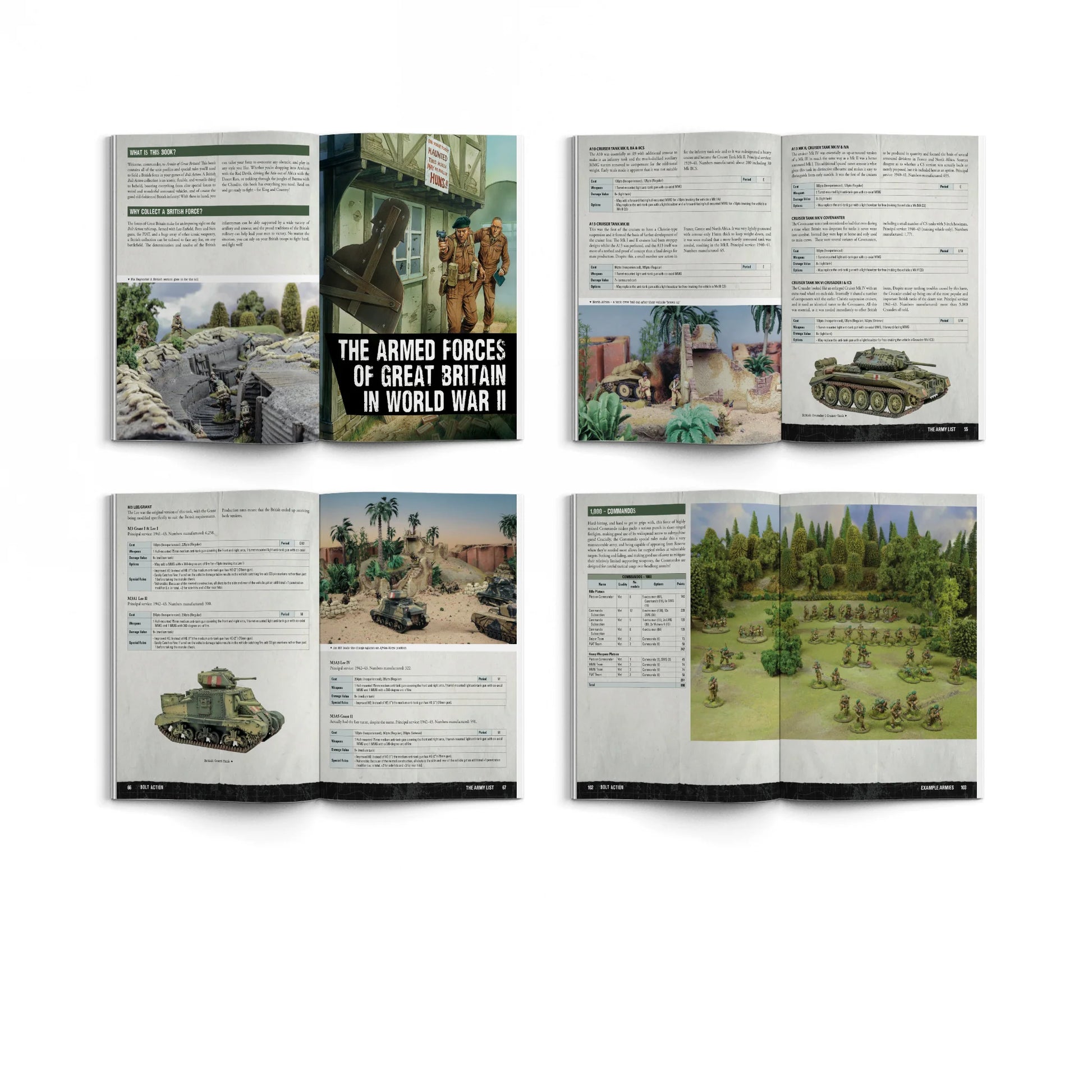 Bolt Action Armies of Great Britain Third Edition 401011001 – cztery rozkładówki książki: górny rząd – strona The Armed Forces of Great Britain in World War II z fotografią stołu bitewnego i żołnierzami przy budynku oraz strona The Army List z profilami jednostek i czołgiem Cromwell; dolny rząd – strona z listami armii i czołgiem M3 Grant w scenerii pustynnej oraz strona Example Armies z listą 1,500 Commandos i stołem bitewnym z figurkami na zielonej macie, Warlord Games Osprey Games
