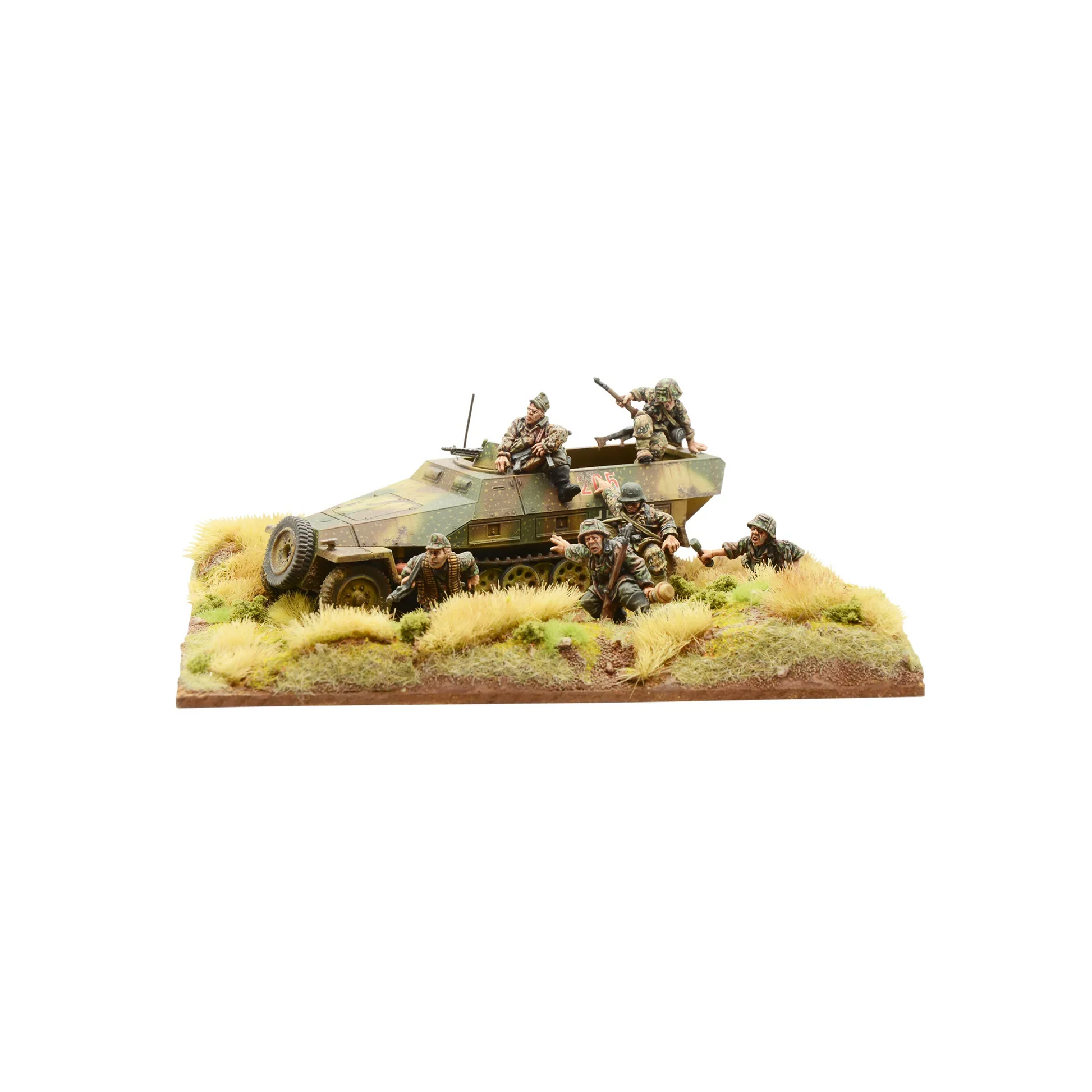 Raus! Waffen-SS debussing Hanomag Bolt Action Warlord Games - pomalowany dioramowy zestaw 28mm: Sd.Kfz 251 Hanomag w kamuflażu zielono-brązowym z 2 figurkami załogi na pojeździe i 4 figurkami Waffen-SS w mundurach SS-Tarnmuster wyskakującymi z pojazdu na trawiastej podstawce dioramowej, widok z lewej strony, kod 409912108