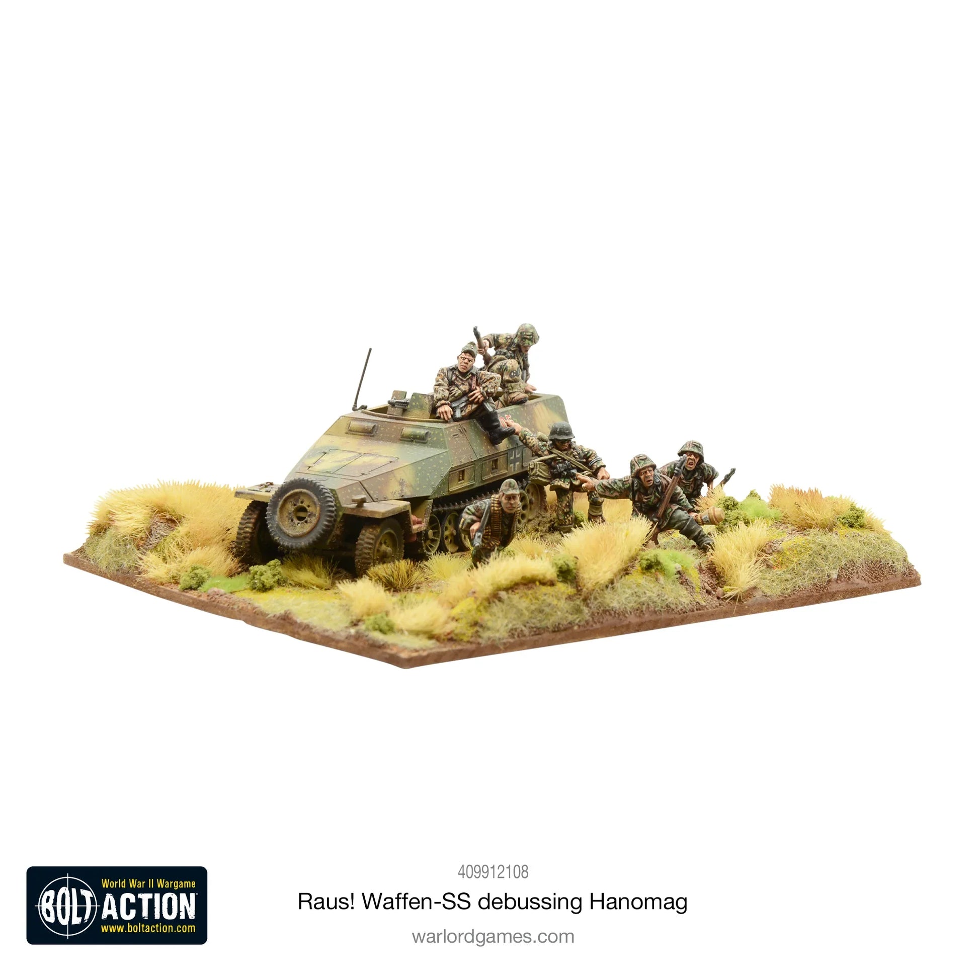 Raus! Waffen-SS debussing Hanomag Bolt Action - widok z prawej tylnej strony, Sd.Kfz 251 Hanomag kamuflaż zielono-brązowy, 2 figurki załogi, 4 figurki Waffen-SS w SS-Tarnmuster w dynamicznych pozach szturmu pieszego, trawiasta podstawka dioramowa, logo Bolt Action, kod 409912108