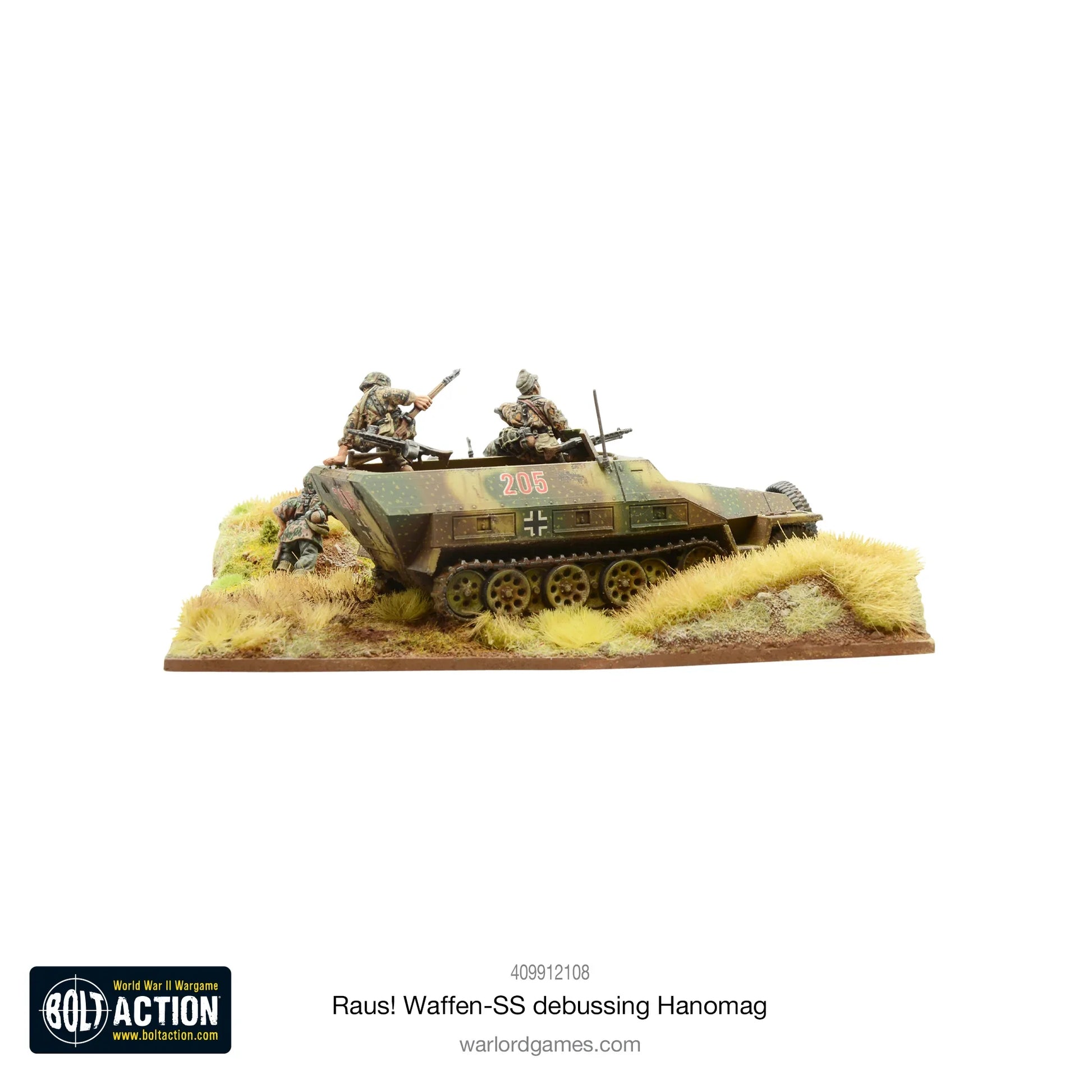 RAUS! Waffen-SS debussing Hanomag Bolt Action - widok z prawej strony, Sd.Kfz 251 Hanomag kamuflaż zielono-brązowy z numerem 205 i krzyżem żelaznym, 2 figurki Waffen-SS w SS-Tarnmuster na pojeździe, 1 figurka wyskakująca z lewej strony, trawiasta podstawka dioramowa, logo Bolt Action, kod 409912108
