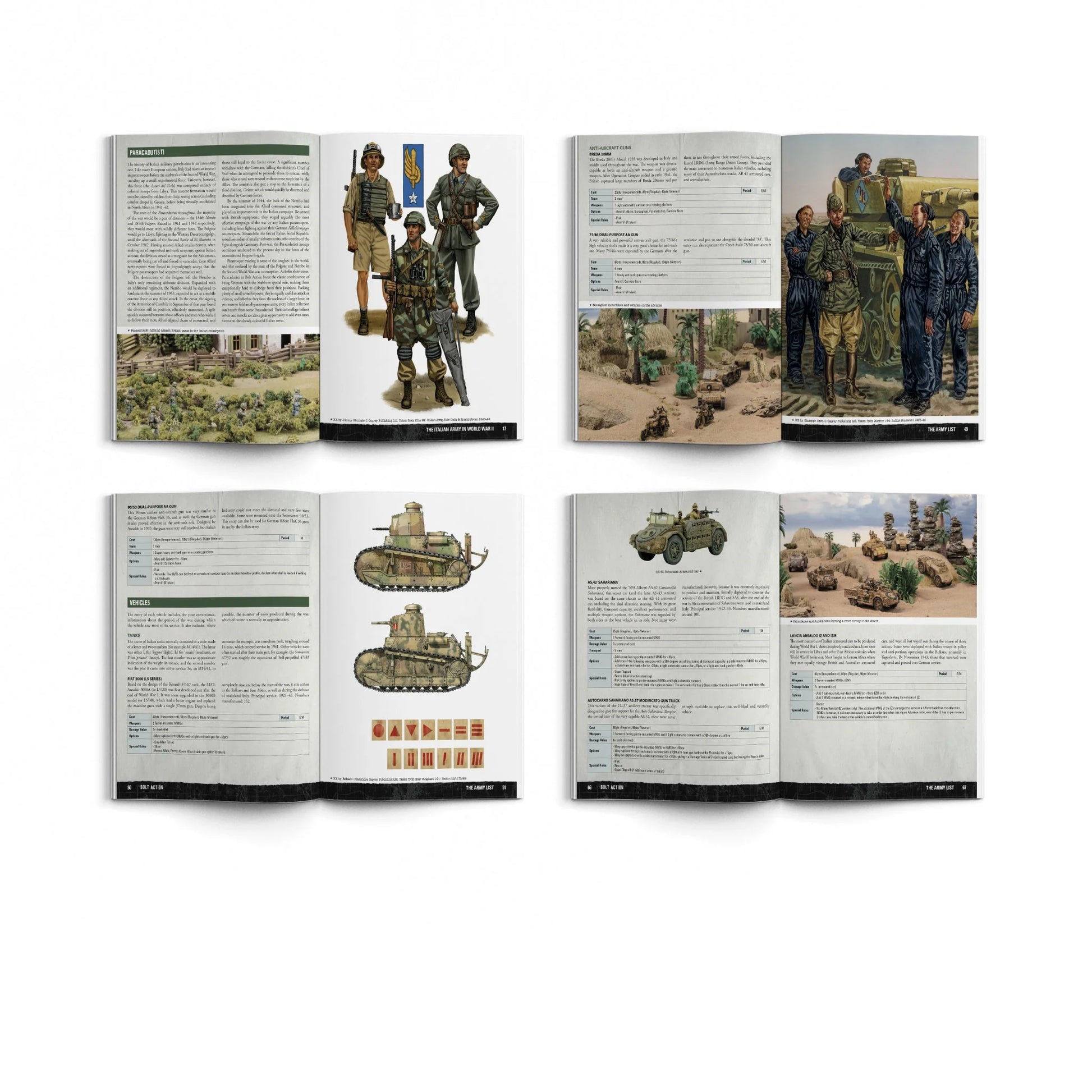 Bolt Action Armies of Italy Third Edition 401015801 – cztery rozkładówki książki: górny rząd – strona Paracadutisti z ilustracjami mundurów włoskich spadochroniarzy i stołem bitewnym w scenerii śródziemnomorskiej oraz strona The Army List z profilami jednostek i ilustracją jeńców wojennych; dolny rząd – strona z profilami czołgów M13/40 i M14/41 z rysunkami technicznymi i symbolami taktycznymi oraz strona z profilami samochodów pancernych AB41 i Autosahariana z stołem bitewnym w scenerii pustynnej, Warlord 