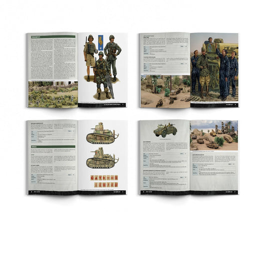 Bolt Action Armies of Italy Third Edition 401015801 – cztery rozkładówki książki: górny rząd – strona Paracadutisti z ilustracjami mundurów włoskich spadochroniarzy i stołem bitewnym w scenerii śródziemnomorskiej oraz strona The Army List z profilami jednostek i ilustracją jeńców wojennych; dolny rząd – strona z profilami czołgów M13/40 i M14/41 z rysunkami technicznymi i symbolami taktycznymi oraz strona z profilami samochodów pancernych AB41 i Autosahariana z stołem bitewnym w scenerii pustynnej, Warlord 