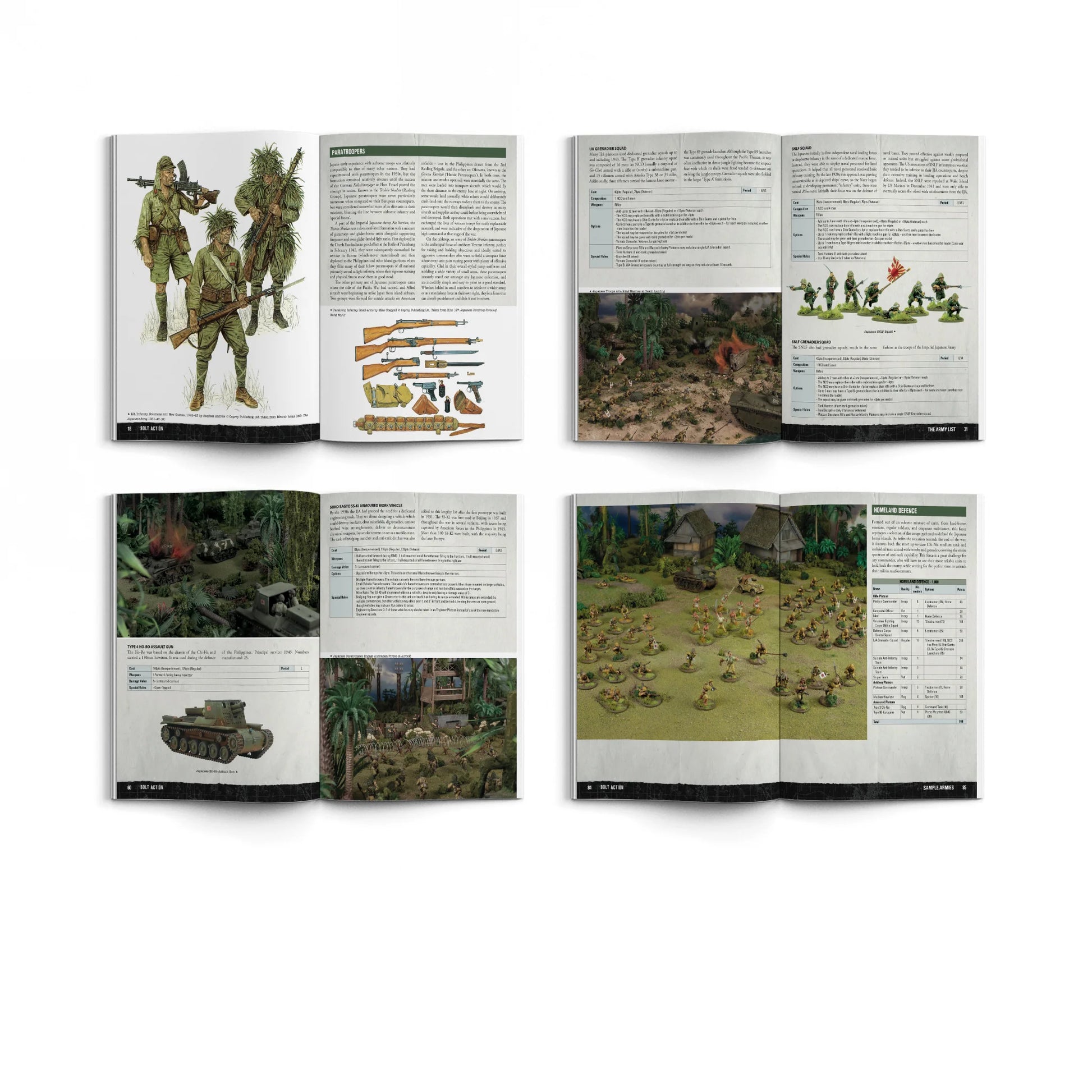 Bolt Action Armies of Imperial Japan Third Edition 401016001 – cztery rozkładówki książki: górny rząd – strona Paratroopers z ilustracjami mundurów i wyposażenia japońskich spadochroniarzy oraz strona The Army List z profilami jednostek i stołem bitewnym w dżungli; dolny rząd – strona z profilem Type 4 Ho-Ro i stołem bitewnym w dżungli oraz strona Sample Armies z listą Homeland Defence i stołem bitewnym z figurkami na zielonej macie, Warlord Games Osprey Games
