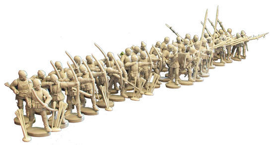 Wars of the Roses Infantry Perry Miniatures – 40 złożonych figurek łuczników i billmenów, 28mm widok z przodu
