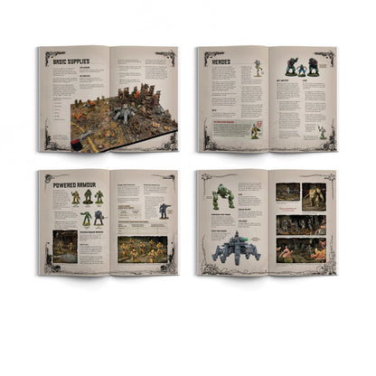 Konflikt '47 Mini-rulebook - cztery rozkładówki książki na białym tle: górna lewa z sekcją Basic Supplies ze zdjęciem stołu bitewnego z ruinami i figurkami, górna prawa z sekcją Heroes z opisem Rift Mastery i Luck oraz ilustracjami figurek bohaterów, dolna lewa z sekcją Powered Armour z fotografiami figurek pancerzy wspomaganego i tabelami statystyk, dolna prawa z sekcją Walker z opisami Slow, Turn on the Spot, Fire Guard i zdjęciami figurek mechów i walkerów - Warlord Games 4110000002 - warlordgames.com
