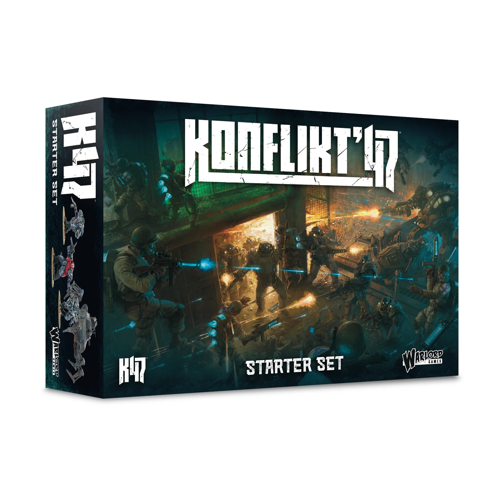 Pudełko zestawu Konflikt '47 Starter Set 451510001 – czarne pudełko z logo Konflikt '47 i ilustracją nocnej bitwy: żołnierze USA i Axis z mechami i walkerami walczą w ruinach budynku przy niebieskim świetle Rift, Starter Set Warlord Games
