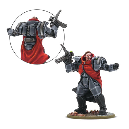 Konflikt '47 Starter Set 451510001 – ekskluzywna żywiczna figurka dowódcy Axis w szarej zbroi z czerwonym płaszczem i pistoletem maszynowym, widok z przodu i z tyłu, 28mm Konflikt '47 Warlord Games
