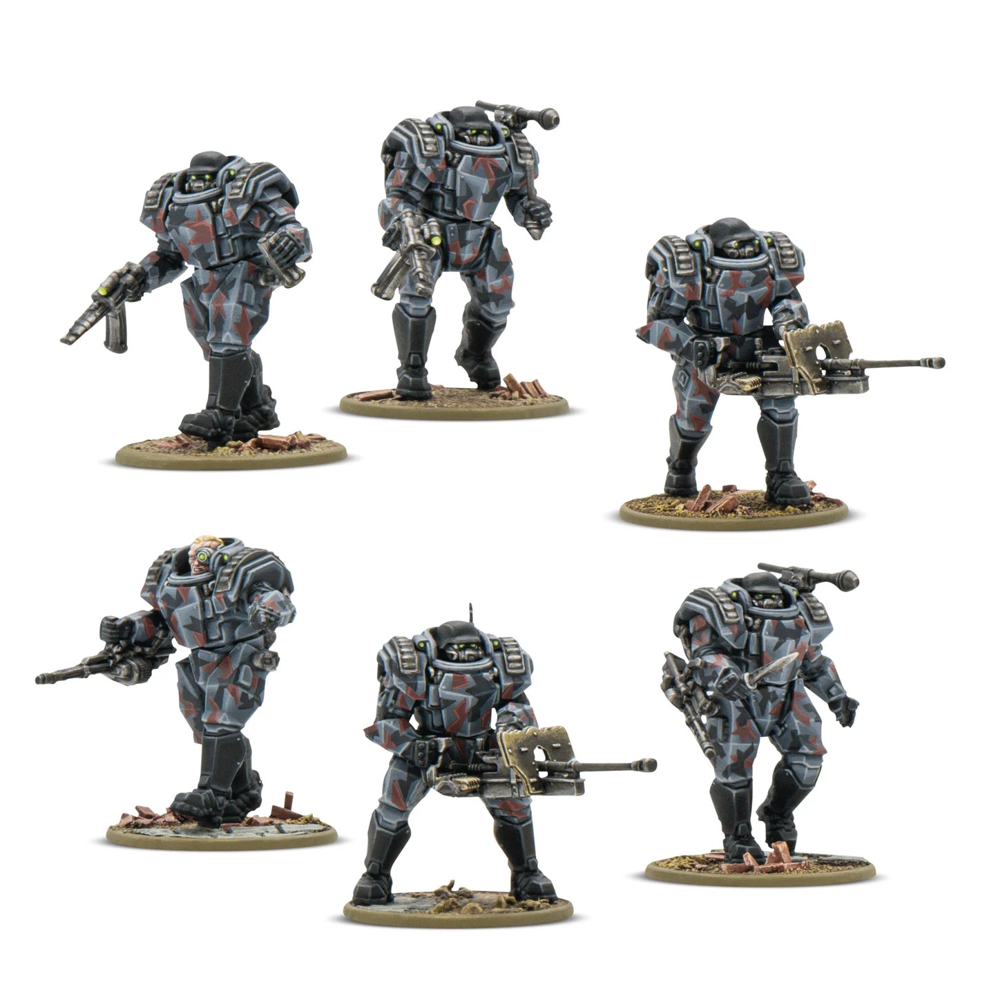 Konflikt '47 Starter Set 451510001 – 6 pomalowanych plastikowych figurek Stahltruppen Axis w ciemnoszarej zbroi wspomaganej z kamuflażem, widok z przodu, różne pozy z karabinami i ciężką bronią, 28mm Konflikt '47
