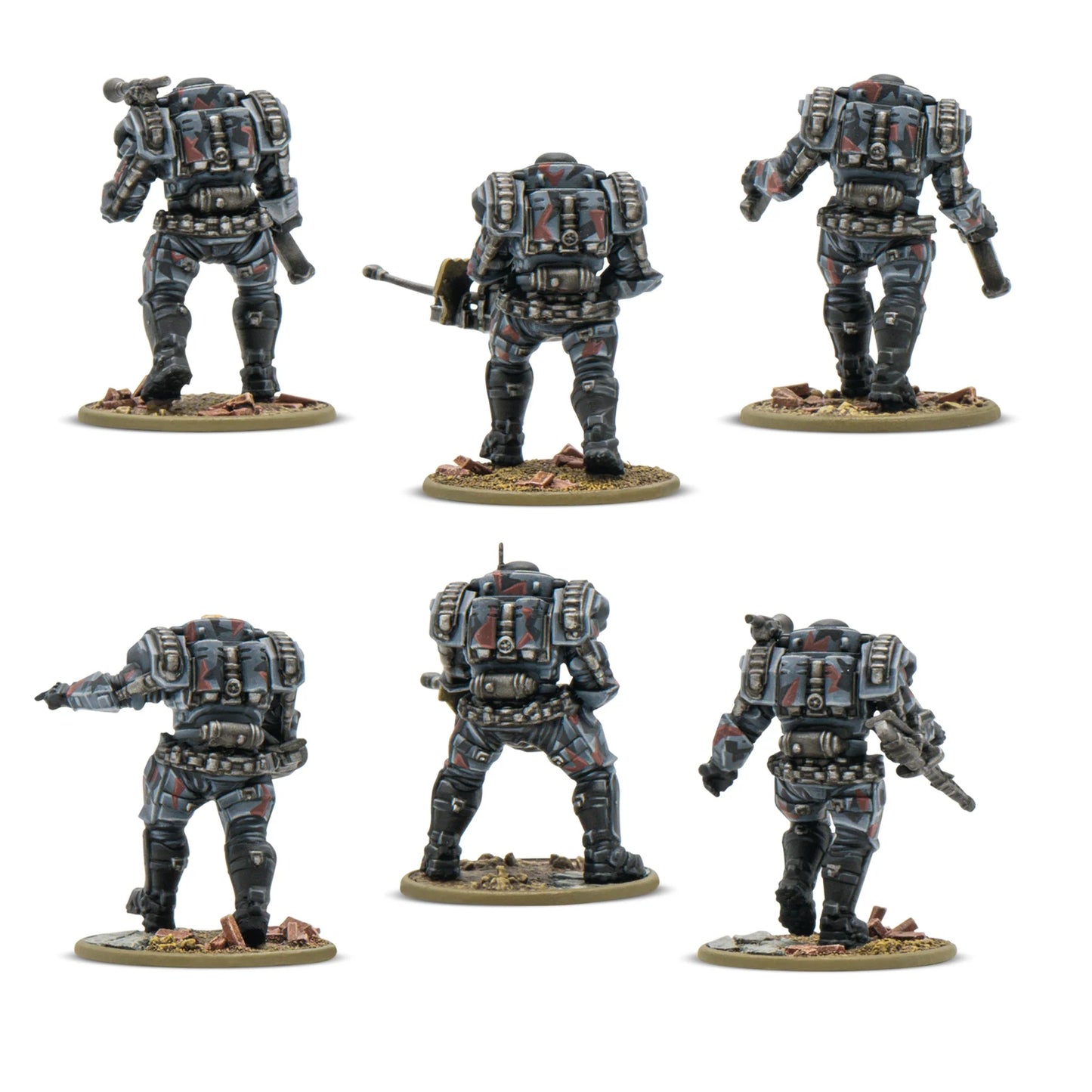 Konflikt '47 Starter Set 451510001 – 6 pomalowanych plastikowych figurek Stahltruppen Axis w ciemnoszarej zbroi wspomaganej z kamuflażem, widok z tyłu, detale plecaków i systemów zasilania zbroi, 28mm Konflikt '47 Warlord Games
