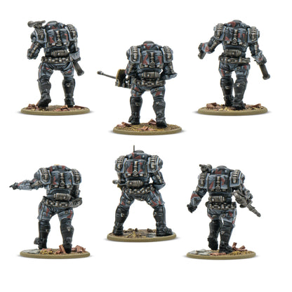 Konflikt '47 Starter Set 451510001 – 6 pomalowanych plastikowych figurek Stahltruppen Axis w ciemnoszarej zbroi wspomaganej z kamuflażem, widok z tyłu, detale plecaków i systemów zasilania zbroi, 28mm Konflikt '47 Warlord Games
