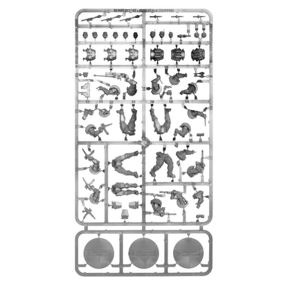 Konflikt '47 Axis Stahltruppen Sprue 451510001 – szara plastikowa ramka z elementami Stahltruppen: tułowia w zbroi wspomaganej, głowy w hełmach, ramiona z karabinami i ciężką bronią oraz okrągłe podstawki, 28mm Konflikt '47 Warlord Games
