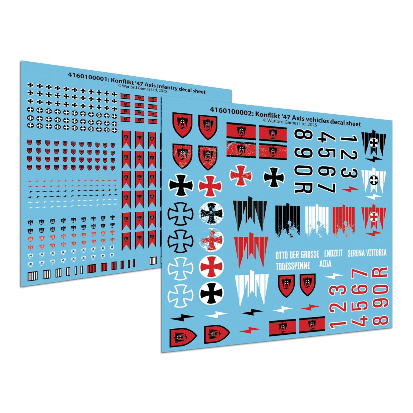Konflikt '47 Axis Decal Sheets 451510001 – dwa kolorowe arkusze naklejek wodnych: arkusz piechoty z krzyżami żelaznymi i insygniami Axis oraz arkusz pojazdów z krzyżami, błyskawicami, numerami i nazwami pojazdów Otto der Grosse, Todesspinne, Aida, Endzeit, Serena Vittoria, Konflikt '47 Warlord Games 2025

