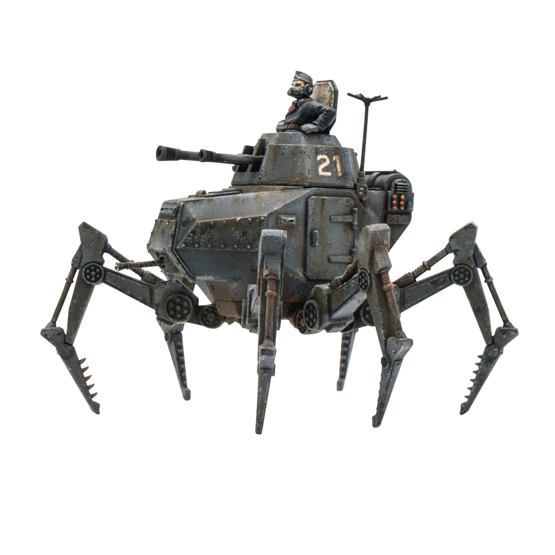 Konflikt '47 Vogelspinne Light Panzermech 451510001 – pomalowany plastikowy lekki mech pająk Axis na sześciu nogach z wieżyczką z działem i figurką pilota w czarnym mundurze, ciemnoszary kamuflaż z numerem 21, 28mm Konflikt '47 Warlord Games
