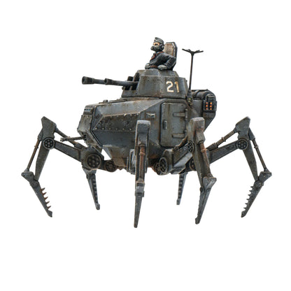 Konflikt '47 Vogelspinne Light Panzermech 451510001 – pomalowany plastikowy lekki mech pająk Axis na sześciu nogach z wieżyczką z działem i figurką pilota w czarnym mundurze, ciemnoszary kamuflaż z numerem 21, 28mm Konflikt '47 Warlord Games
