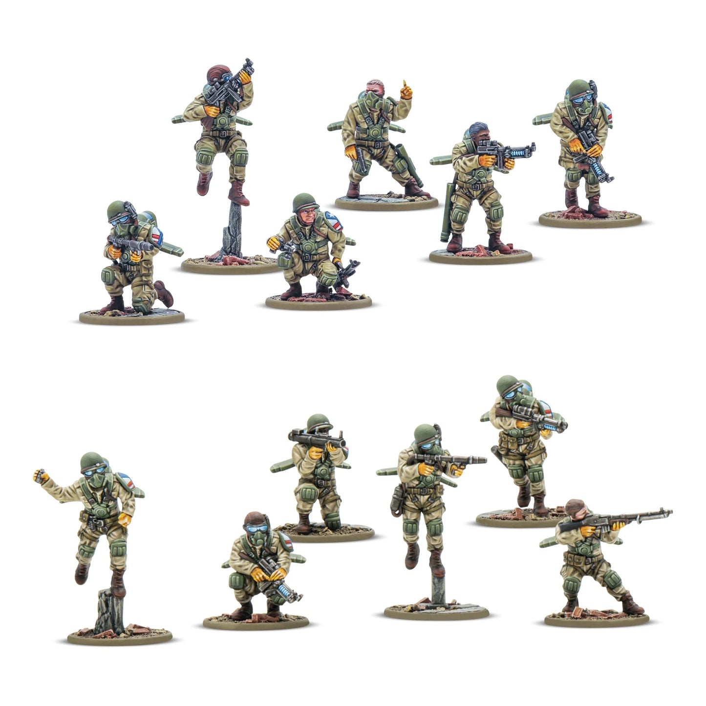 Konflikt '47 Firefly Airborne Infantry USA 451510001 – 12 pomalowanych plastikowych figurek piechoty desantowej Firefly USA w piaskowym kamuflażu z niebieskimi plecakami odrzutowymi, widok z przodu, różne pozy z karabinami i bronią specjalną, 28mm Konflikt '47 Warlord Games
