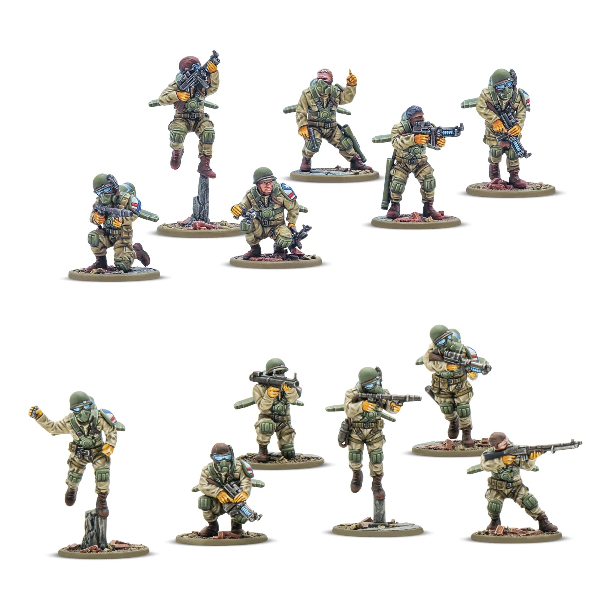 Konflikt '47 Firefly Airborne Infantry USA 451510001 – 12 pomalowanych plastikowych figurek piechoty desantowej Firefly USA w piaskowym kamuflażu z niebieskimi plecakami odrzutowymi, widok z przodu, różne pozy z karabinami i bronią specjalną, 28mm Konflikt '47 Warlord Games
