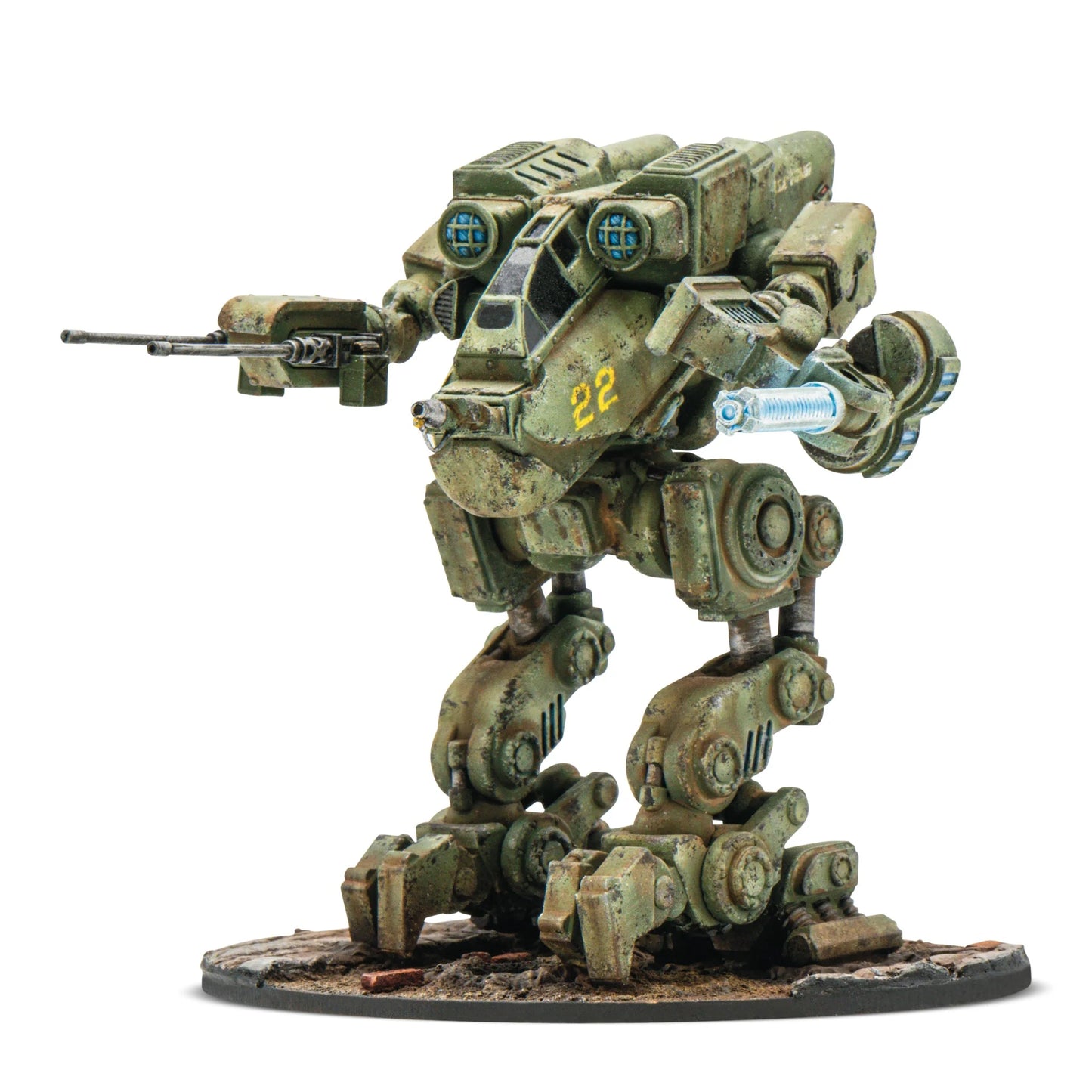 Konflikt '47 M2A5 Linebacker Jump Walker USA 451510001 – pomalowany plastikowy walker skaczący USA w zielonym kamuflażu z numerem 22, z karabinem maszynowym i świecącym działem Rift po prawej stronie, widok z boku pod kątem, 28mm Konflikt '47 Warlord Games
