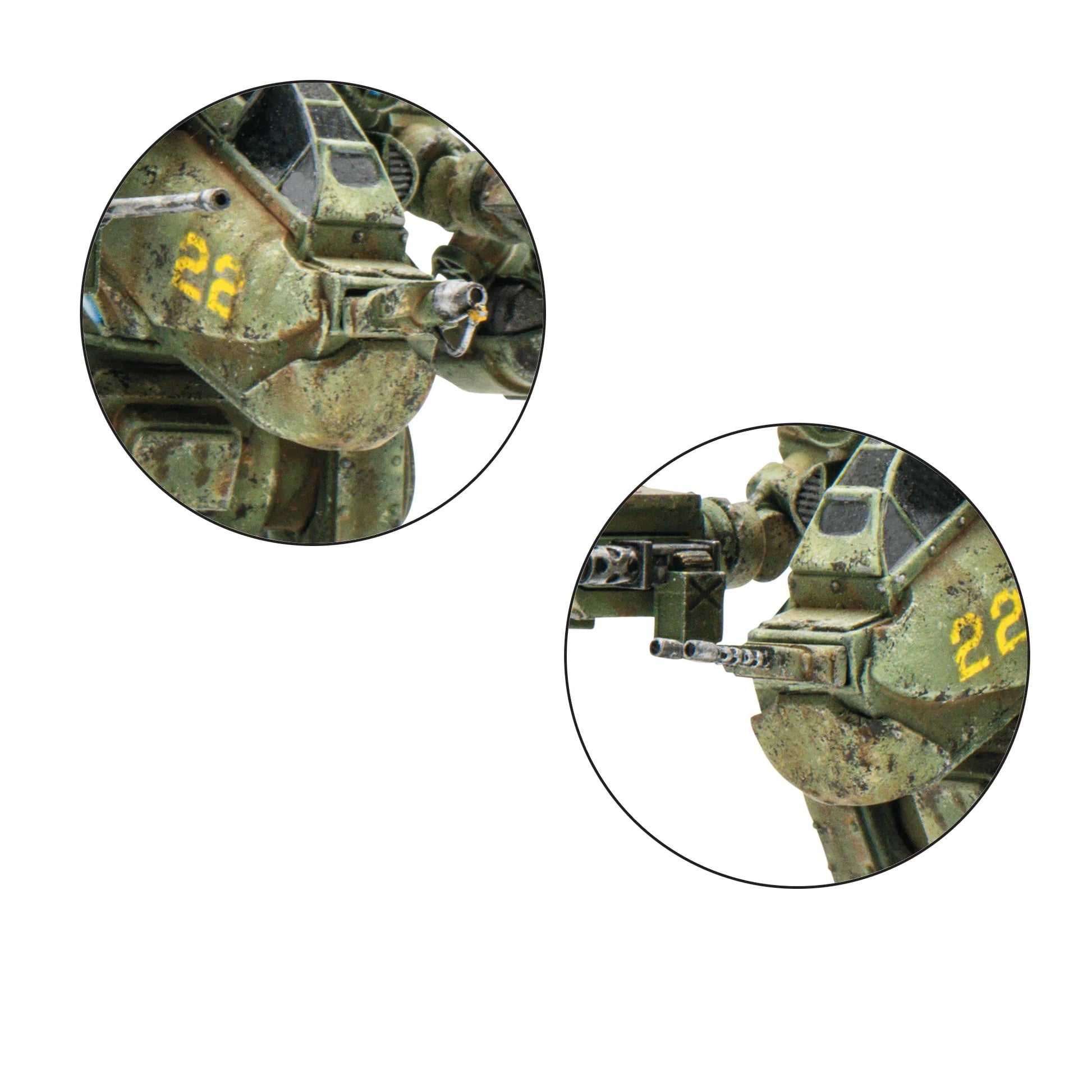 Konflikt '47 M2A5 Linebacker Jump Walker USA 451510001 – dwa zbliżenia na detale walkera nr 22: lewe zbliżenie na głowicę pilota z karabinem maszynowym, prawe zbliżenie na ramię z działem i żółtym numerem 22 na kadłubie, zielony kamuflaż, 28mm Konflikt '47 Warlord Games
