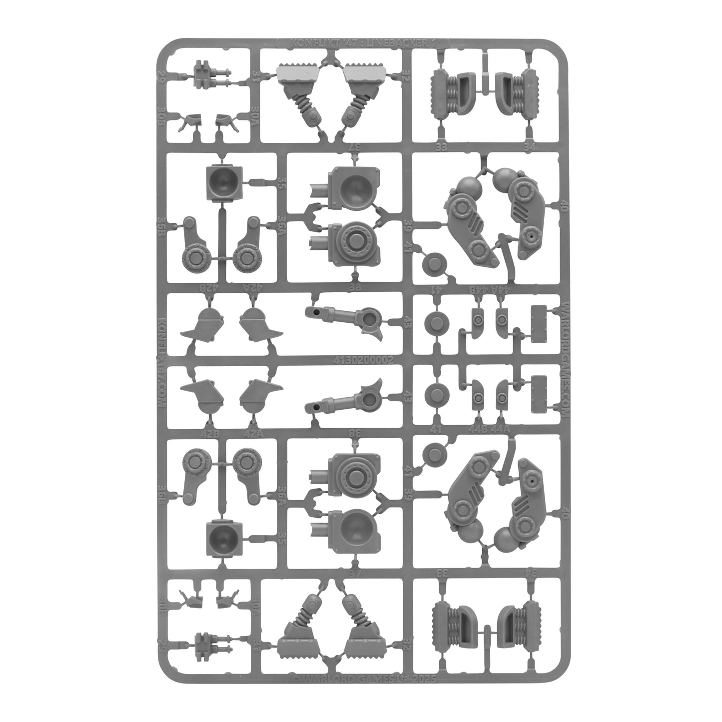 Konflikt '47 M2A5 Linebacker Sprue B 451510001 – szara plastikowa ramka z elementami nóg i stawów walkera Linebacker USA: segmenty nóg, stawy kolanowe, stopy, elementy hydrauliczne i łączniki montażowe, 28mm Konflikt '47 Warlord Games

