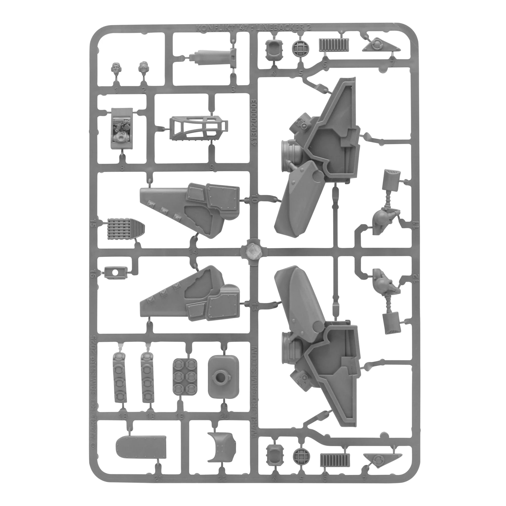 Konflikt '47 Firefly Airborne Infantry Sprue 451510001 – szara plastikowa ramka z elementami piechoty Firefly USA: tułowia, głowy w hełmach, ramiona z karabinami i bronią specjalną, plecaki odrzutowe Rift i okrągłe podstawki, 28mm Konflikt '47 Warlord Games
