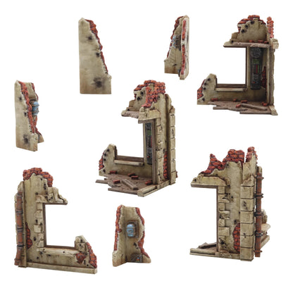 Konflikt '47 Starter Set 451510001 – 8 pomalowanych plastikowych elementów scenerii ruin: fragmenty murów z cegły i tynku w kolorze piaskowym z czerwonymi cegłami, okna, drzwi i narożniki budynków, do gier bitewnych 28mm Konflikt '47 Warlord Games
