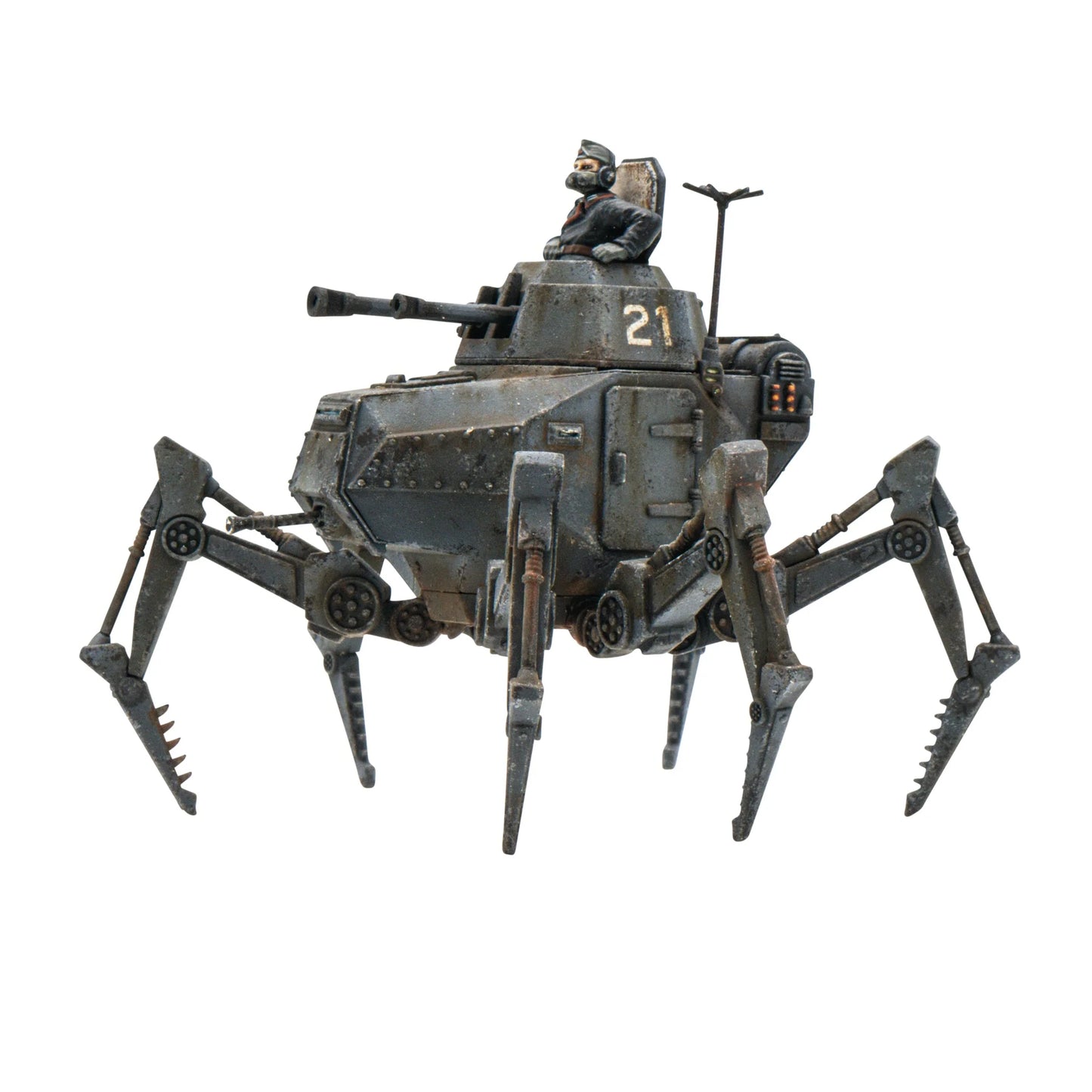 Konflikt '47 Vogelspinne Light Walker 452010201 – pomalowany plastikowy lekki walker Axis nr 21 na sześciu nogach w ciemnoszarym kamuflażu z wieżyczką z działem przeciwpancernym i figurką dowódcy w czarnej czapce, widok z przodu pod kątem, 28mm Konflikt '47 Warlord Games
