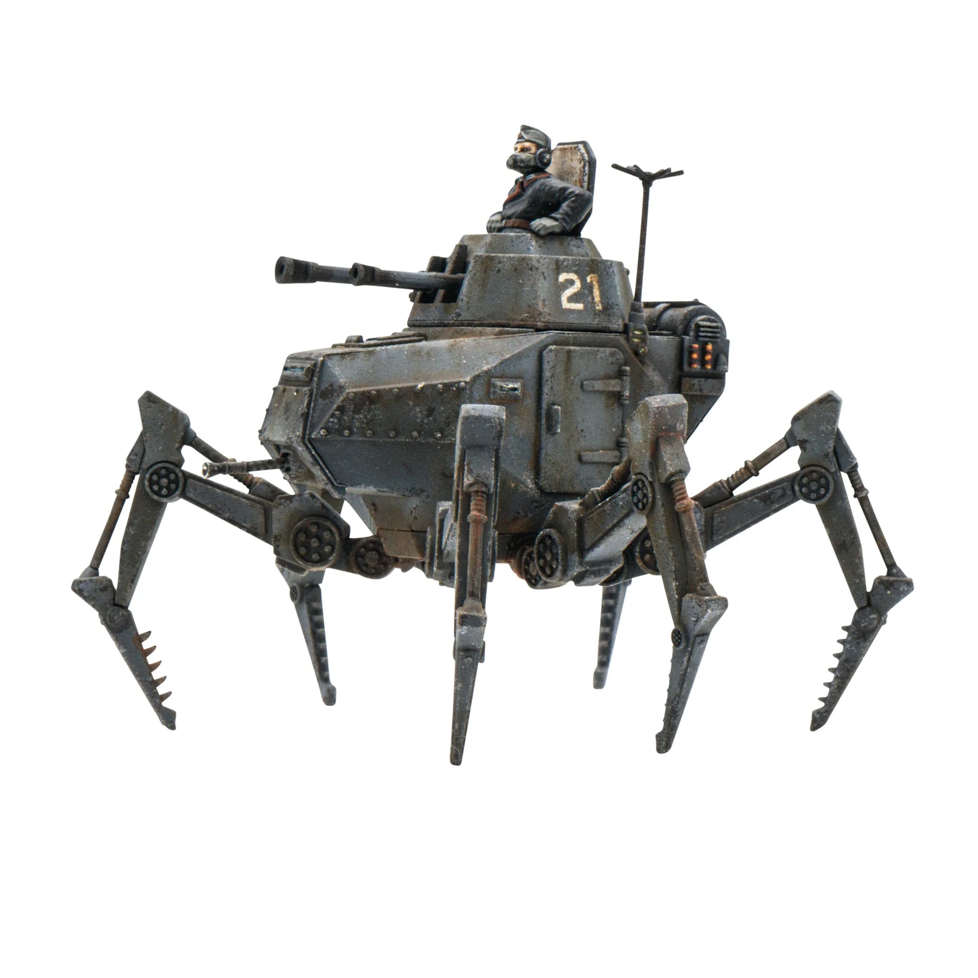 Konflikt '47 Vogelspinne Light Walker 452010201 – pomalowany plastikowy lekki walker Axis nr 21 na sześciu nogach w ciemnoszarym kamuflażu z wieżyczką z działem przeciwpancernym i figurką dowódcy w czarnej czapce, widok z przodu pod kątem, 28mm Konflikt '47 Warlord Games

