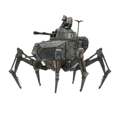 Konflikt '47 Vogelspinne Light Walker 452010201 – pomalowany plastikowy lekki walker Axis nr 21 na sześciu nogach w ciemnoszarym kamuflażu z wieżyczką z działem przeciwpancernym i figurką dowódcy w czarnej czapce, widok z przodu pod kątem, 28mm Konflikt '47 Warlord Games
