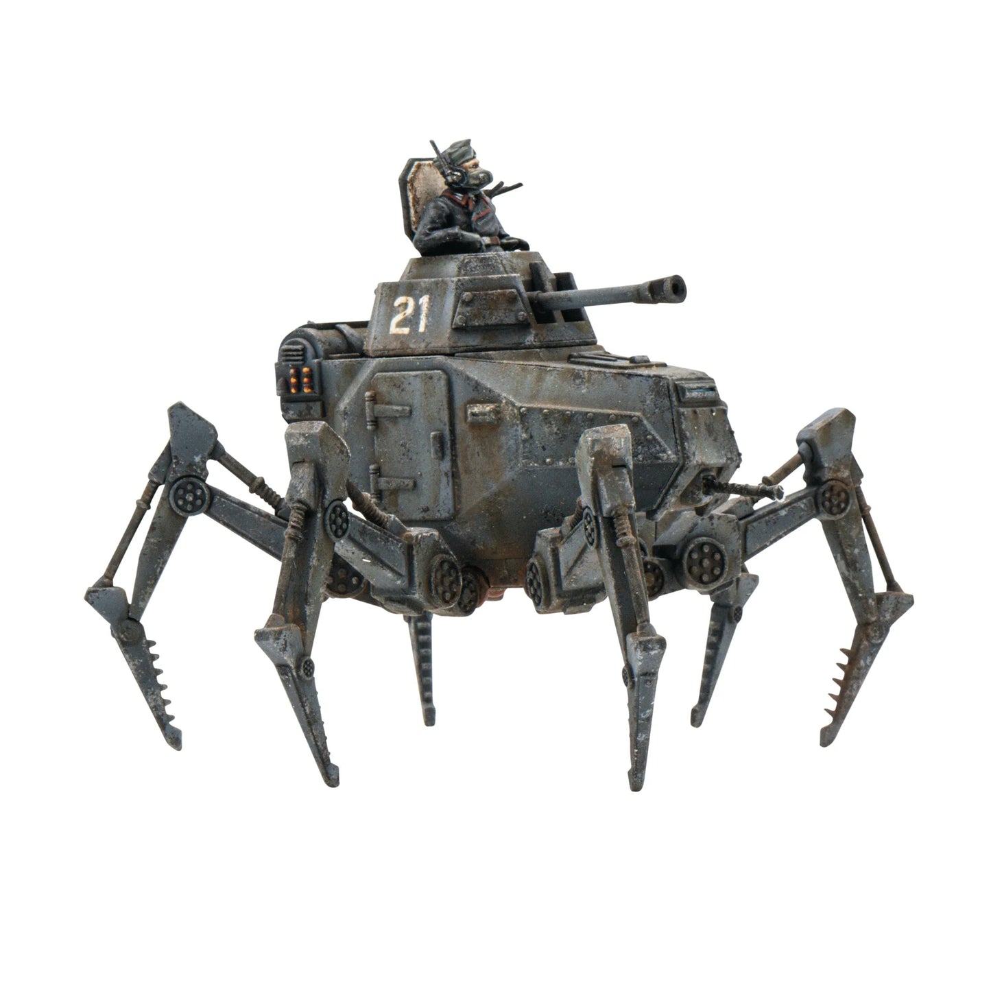 Konflikt '47 Vogelspinne Light Walker 452010201 – pomalowany plastikowy lekki walker Axis nr 21 na sześciu nogach w ciemnoszarym kamuflażu, widok z tyłu z figurką dowódcy w masce gazowej i detalami tylnego kadłuba z panelami i zawiasami, 28mm Konflikt '47 Warlord Games
