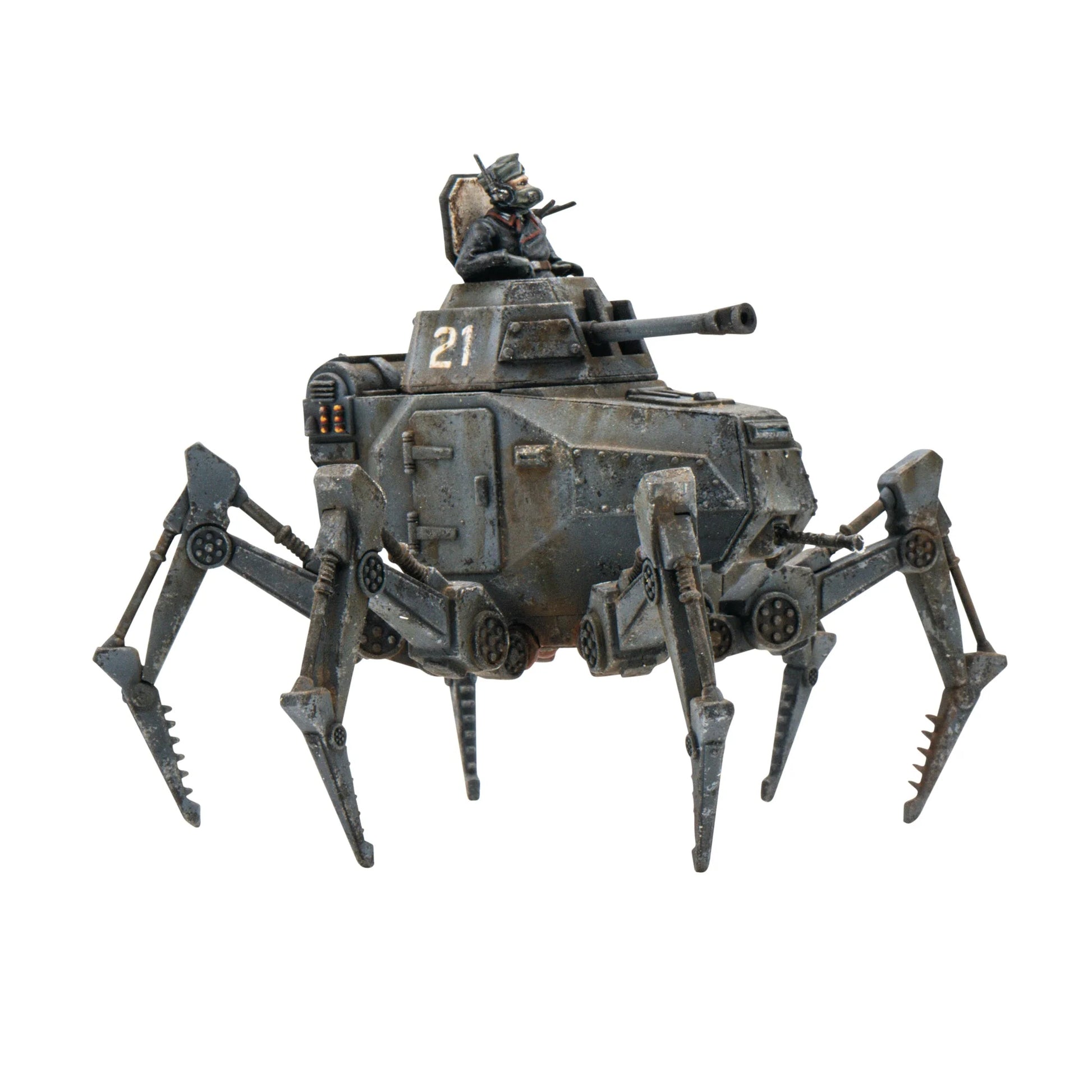 Konflikt '47 Vogelspinne Light Walker 452010201 – pomalowany plastikowy lekki walker Axis nr 21 na sześciu nogach w ciemnoszarym kamuflażu, widok z tyłu z figurką dowódcy w masce gazowej i detalami tylnego kadłuba z panelami i zawiasami, 28mm Konflikt '47 Warlord Games
