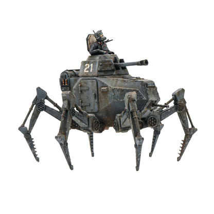 Konflikt '47 Vogelspinne Light Walker 452010201 – pomalowany plastikowy lekki walker Axis nr 21 na sześciu nogach w ciemnoszarym kamuflażu, widok z tyłu z figurką dowódcy w masce gazowej i detalami tylnego kadłuba z panelami i zawiasami, 28mm Konflikt '47 Warlord Games
